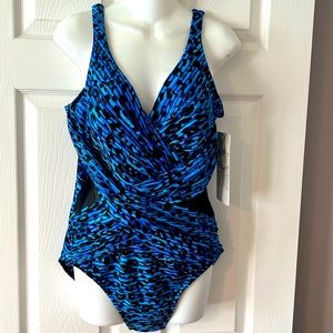 MiracleSuit Crossover Blue with Black Mesh Inserts on side.